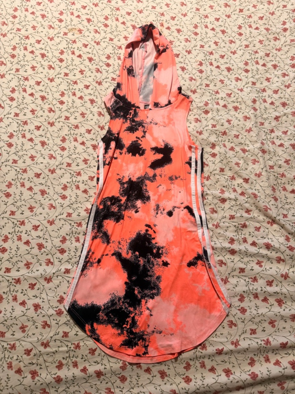 Girls' Neon Coral Tie-Dye Hooded Casual Dress with Side Stripes